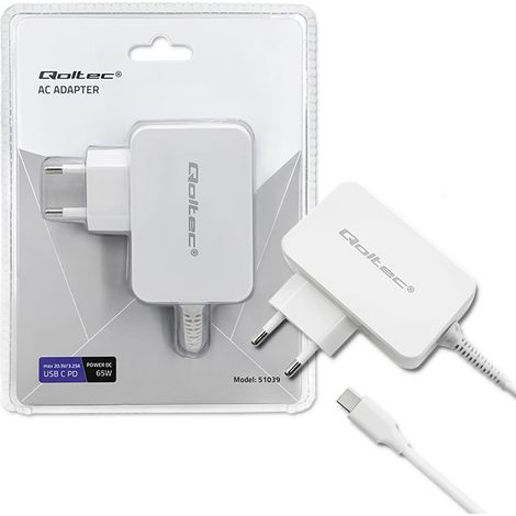 Alimentatore Qoltec 65W  5-20,3V  2-3,25A  USB Type C  PD  Laptop  Smartphone  Bianco (1/5)