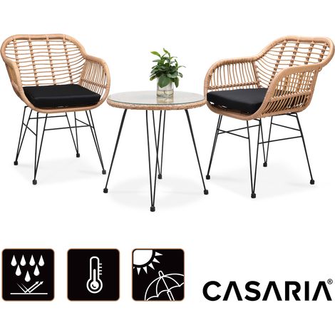 CASARIA® Gartenmöbel Tisch 2 Stühle Auflagen Rattan-Optik 3-teilig Sicherheitsglas Wetterfest Outdoor Klein Terrasse Balkon Bistro Möbel Lounge Set (1/6)