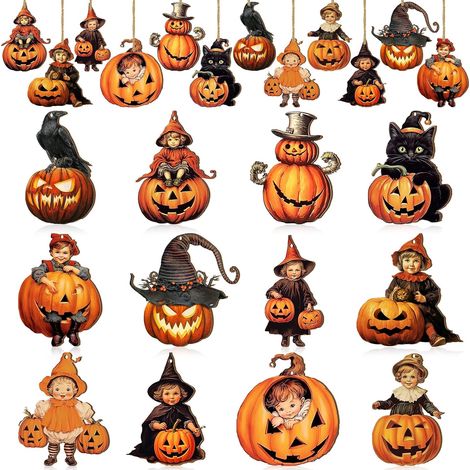 Set mit 36 Halloween-Dekorationen aus Holz im Vintage-Stil, perfekt zum Aufhängen zu Hause oder für Partys. (1/4)