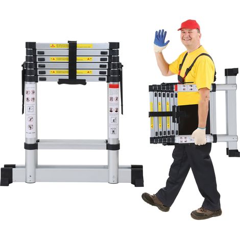 Randaco Escalera telescópica Pro 2,0 m plateada 150 kg, patas antideslizantes