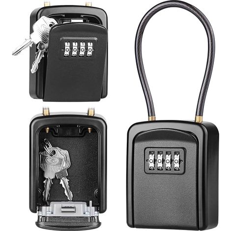 Caja de seguridad para llaves con combinación de 4 dígitos, resistente a la intemperie, ideal para almacenes, puertas, garajes y entradas de emergencia. Color negro.