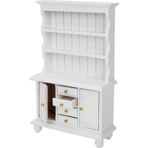 Bibliothèque de Maison de Poupée à l'échelle 1:12, Bibliothèque Miniature avec Portes et Tiroirs Ouverts, Meubles en Bois de Bouleau pour Chambre Miniature, étagère d'exposition pour (White) (1/5)