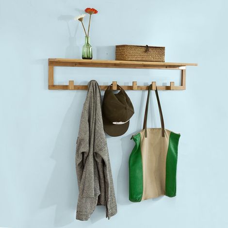 SoBuy FHK06-N Flurgarderobe Badregal Wandgarderobe mit 6 Haken und Ablage Handtuchhalter aus Bambus BHT ca: 90x16,5x12,5cm