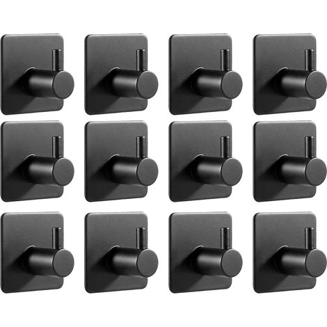 Crochet Porte Manteau Mural Sans Percage,12 Crochet Adhésif Mural en Acier Inoxydable Noir - Idéal pour la Cuisine et Accroche Serviette Salle de Bain