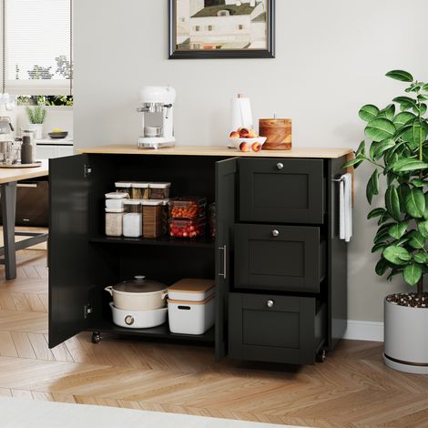 Mobile da cucina pieghevole con 3 cassetti, 5 ruote, nero e naturale DESVIAE (1/5)