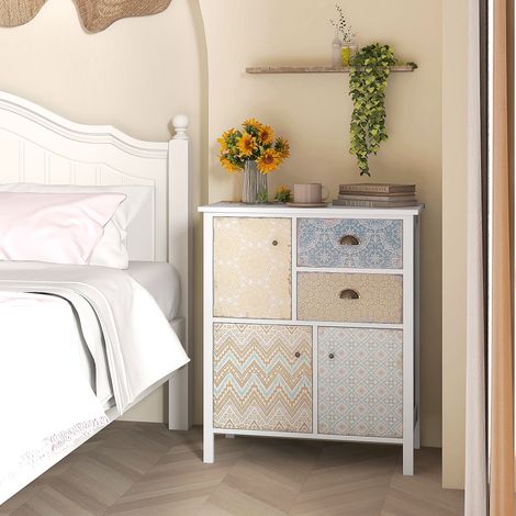 Buffet Shabby Chic, commode en pin massif, 2 tiroirs, 3 portes, rangement meuble, 68x34x80 cm, blanc, idéal salon ou entrée (1/5)