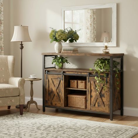 Meuble de Rangement, avec 2 Portes Coulissantes, 33 x 100 x 80 cm, Étagères Réglables, pour Salon, Marron Rustique et Noir d'Encre (1/5)