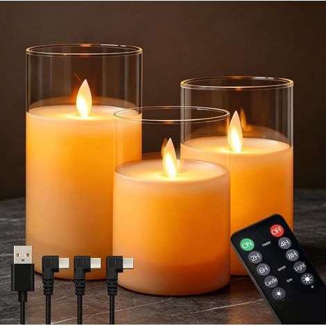 Bougies LED Rechargeables Flamme Vacillante Sans Fil Télécommande Minuterie 5 Luminosités Lot de 3 Bougies en Verre Transparent Blanc Décoration Noël Sapin Table (1/5)