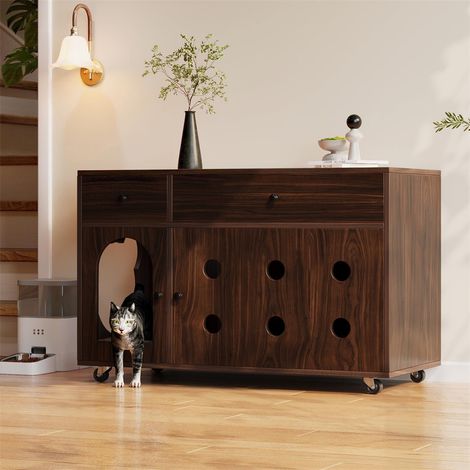 Meuble pour Maison de Toilette Chat - 100x45x66cm - Cache-Litière avec Bac Récupérateur et Tiroirs - Design Noyer Élégant (1/5)