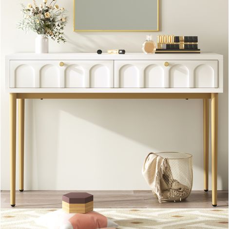 Tocador Cómoda 100x45x76,5 Cm Crema-blanco – 2 Cajones Curvados, Patas Metal, Estilo Clásico (1/5)
