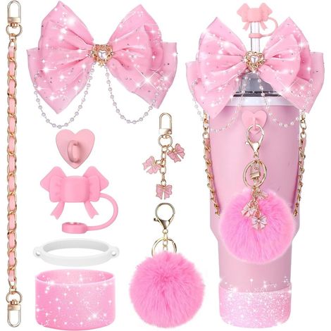 Accesorios para tazas Decoración para tazas Taza aislada con purpurina de gotas de lluvia, rosa, cuero, decoración de pajarita con lazo, pajarita de cuero con asa (1/3)