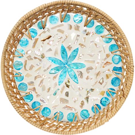 Plateau rond décoratif avec guirlande de perles en bois, style bohème, idéal pour la décoration de table, la décoration intérieure, le style bohème, la présentation et le rangement des aliments. (1/5)