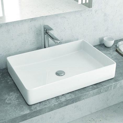 Lavabo appoggio rettangolare in ceramica slim bianca  Litos-0001 kamalu