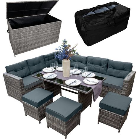 Rattan Eckgarnitur & Kissenbox Große 582L Auflagenbox Gartentruhe Grau