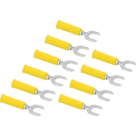 Lot de 10 fiches bananes/bornes en forme de fourche, finition laiton + PVC, trou de 4 mm/0,2 pouce, fiches électriques en forme de U de 8 mm/0,3 pouce, jaunes. (1/5)