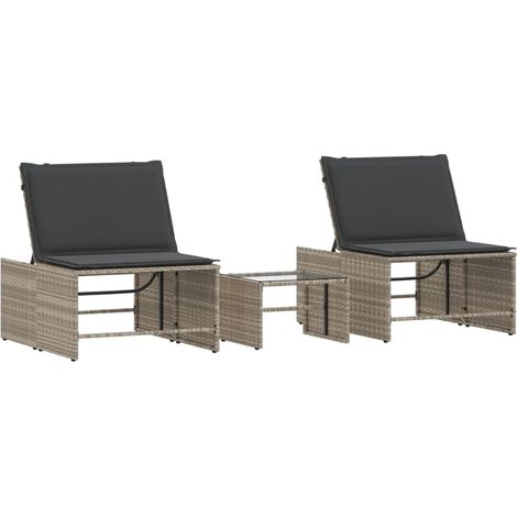Chaises longues Transat Bain de soleil 2 pièces avec table en résine tressée gris clair (1/5)