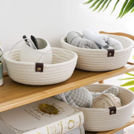 Ensemble de 3 paniers de rangement en corde de coton tressée, panier de bureau rond en lin, blanc (1/5)