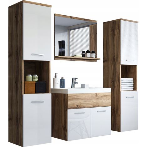 Bratex – Ensemble de meubles de salle de bain MONTREAL XL – Lavabo inclus – Panneaux stratifiés 15mm – Couleur wotan/blanc brillant