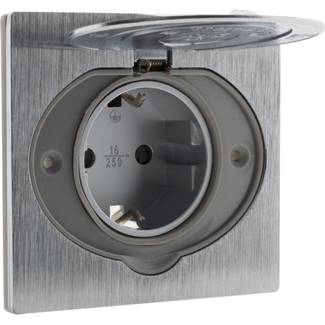 Zenitech – Prise de sol 16A Schuko alu brossé – IP44 pour extérieur – Boîte d'encastrement incluse – Installation rapide