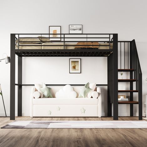 Hochbett  Stabile Metallkonstruktion mit geräumigem Stauraum unter dem Bett und Treppe Ideal für Kinder und Erwachsene Stauraumbett für maximale Platzeffizienz