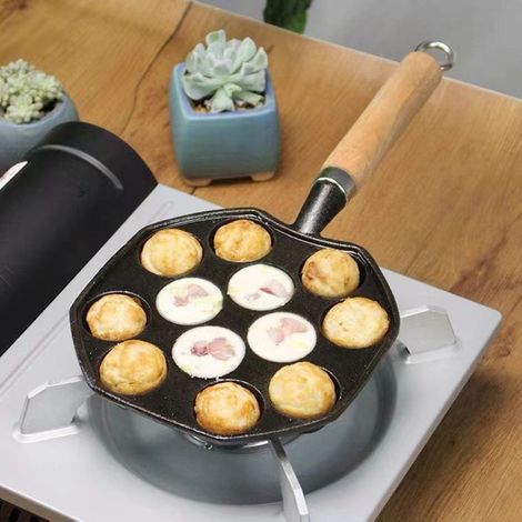 Unbeschichteter Takoyaki-Topf aus Gusseisen, Takoyaki-Pfanne mit 14 Mulden, Kochplatte für Wachteleier, Garnelen-Takoyaki-Topf (1/5)