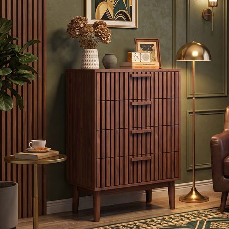 Creahappy Commode 4 Tiroirs 60x34x91 cm - Gain de Place et Rangement - Style Contemporain Lattes Façade en Bois - Noyer Foncé (1/5)