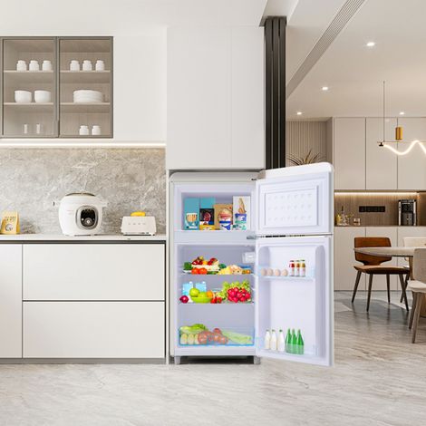 Réfrigérateur style rétro, modèle à deux portes (haut et bas), capacité totale de 72 litres, compartiment congélateur de 21 litres, consommation énergétique de 120 kWh/an, éclairage LED. (1/5)