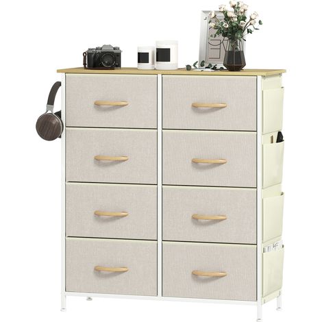 Beyamis Kommode fürs Schlafzimmer mit 8 Stoffschubladen, Stahlstreben, Holzoberfläche, 4 Ablagefächern, 2 Haken, beige