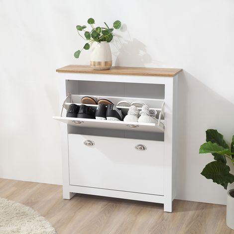 Zapatero de 2 Cajones para 12 Pares de Zapatos Mueble con Puertas Abatibles y Estante Ajustable 79x23x90,5 cm Blanco (1/5)