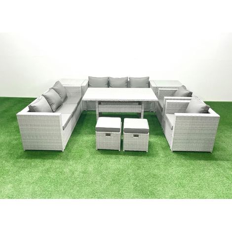 Fimous Rattan Gartenmöbel-Set Outdoor 8 Sitzer mit Esstisch 2 Sesseln 2 Beistelltischen 2 kleine Fußhockern Hellgrau gemischt (1/4)