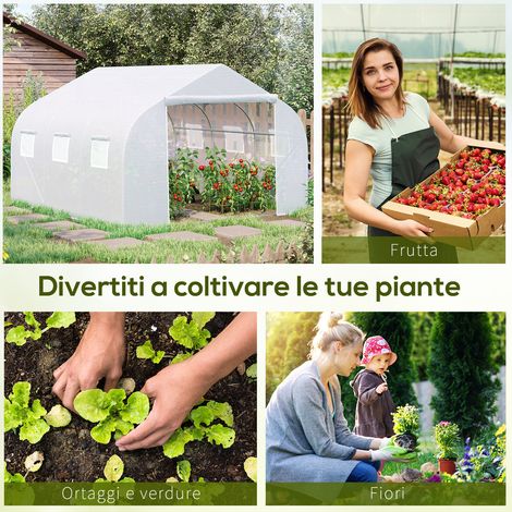 Serre tunnel jardin 6 fenêtres porte enroulable 4,5x3x2m blanche, structure métallique PE, pour plantes et fruits. (1/5)
