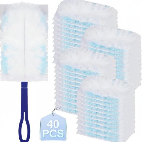 Plumeau Poussiere Recharge, 40 Recharges Électrostatiques + 1 Poignée Bleue, Kit de Plumeau Jetable Duster pour Nettoyage Maison et Voiture (1/5)