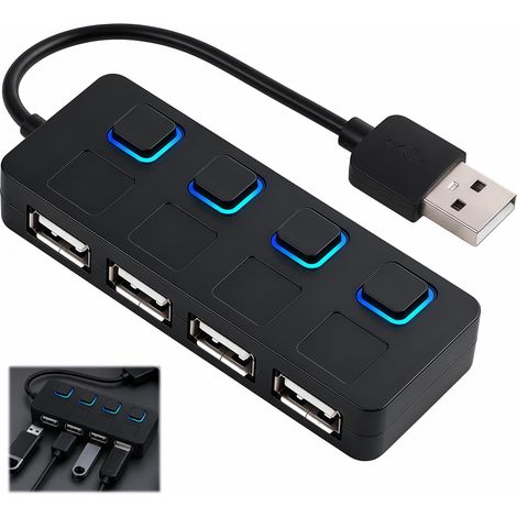 Hub USB avec Interrupteur Individuel, Hub USB 4 Ports 480 Mbps avec Interrupteurs Individuels et Voyants LED, Multi Adaptateur USB2.0 avec Câble 10 cm, Station d’Accueil Compacte pour PC, Ordinateur (1/5)