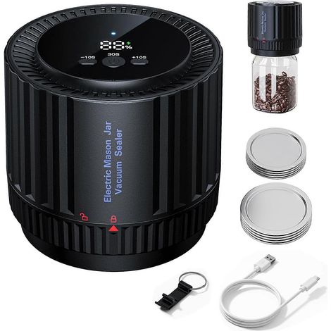Pour scelleuse sous vide pour bocaux Mason, kit de scelleuse électrique YDI pour bocaux Mason avec 10 couvercles, compatible avec les bocaux Mason standard et larges (1/5)