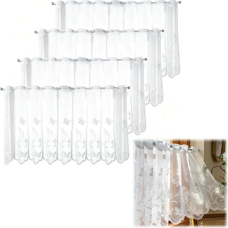Pack of 4 Net Curtains, 130 x 45 cm, Bistro Curtain with Flowers, Butterfly, Modern Short, Semi-Transparent Curtains, Panel Curtain Kitchen for Living Room and Kitchen, White (1/5)