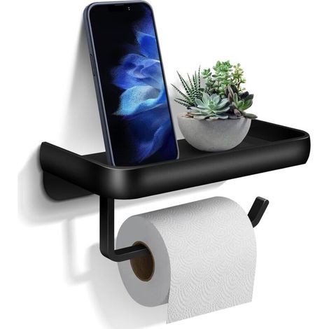 Porte-papier toilette mural en aluminium avec étagère de rangement, support rouleau papier WC salle de bain cuisine noir 18 cm (1/4)