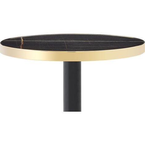 Mesa auxiliar redonda moderna en MDF y metal, efecto mármol negro con borde dorado, 60 cm (1/5)