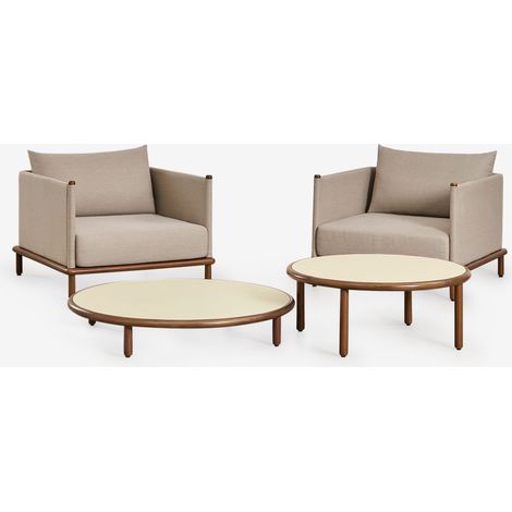 SKLUM Wohnzimmerset mit 2 Sesseln und 2 runden Couchtischen aus Akazienholz Olivia Beige Semoline Akazienbraun dunkel