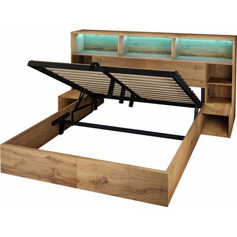 Lit coffre 160x200 cm chêne avec LED, USB-C et chevets, sommier inclus, sans matelas (1/5)
