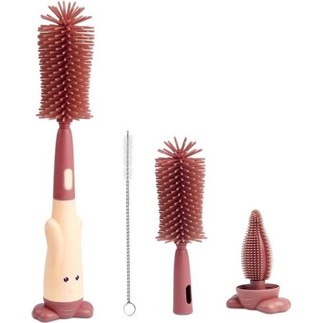 Goupillon - Brosse 3 en 1 pour nettoyer biberons et tétines - en silicone - convient aux bouteilles d'eau, biberons, verres et tasses isothermes - 28,5 x 6 cm - Rouge (1/5)