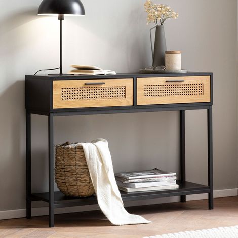M&S – Console 2 tiroirs noir et naturel – Inserts effet rotin – Panneaux de particules mélaminés – Dimensions 100x30x75 cm