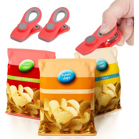 Lot de 2 mini pinces magnétiques portables pour sceller les aliments, idéales pour conserver les sachets de snacks et autres aliments (rouge). (1/5)