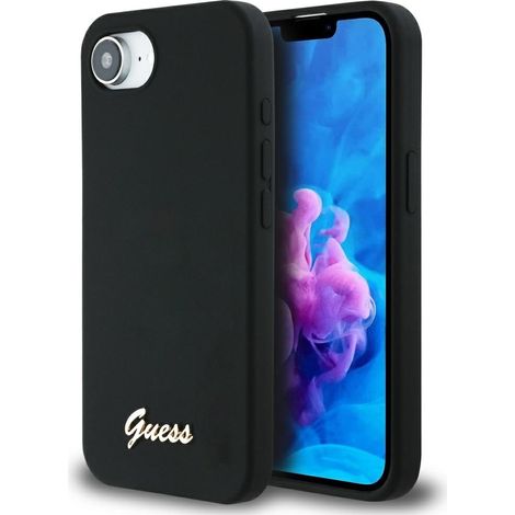 Custodia Guess in silicone con logo in metallo e scritta MagSafe per iPhone 16e / 17e, colore nero. (1/5)