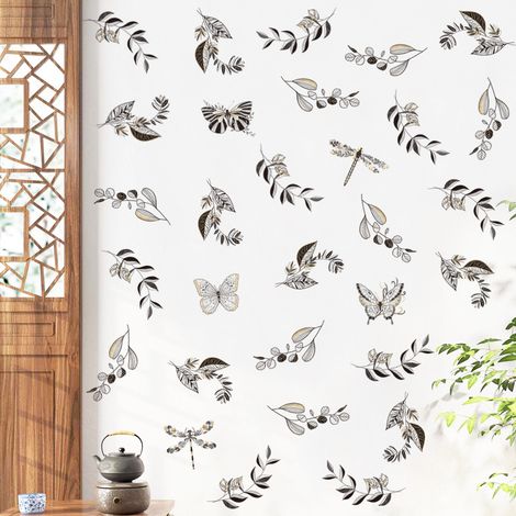 Lot de 2 autocollants muraux décoratifs amovibles en feuille de papillon pour bureau, chambre à coucher, salon, chambre à coucher (1/5)