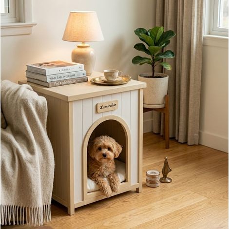 Cuccia per cani 64.6x57.8x20.1 cm, con cuscino rimovibile, finitura opaca a base d’acqua, legno bianco crema (1/5)
