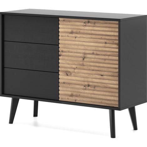 Cassettiera: 3 cassetti, 1 anta, 2 ripiani, Nero/Rovere Artigianale, 104 x 83 x 39 cm (1/5)
