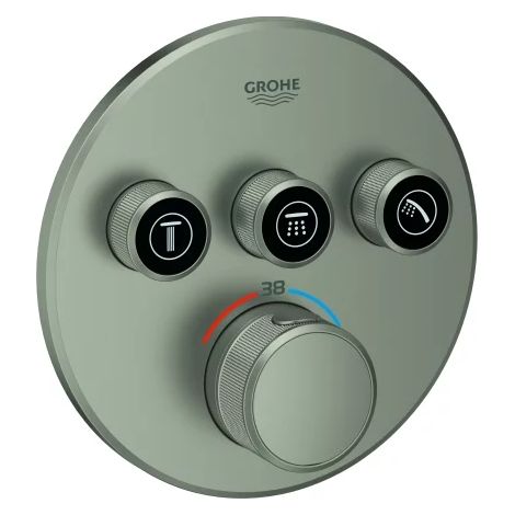 GROHE termostato Grohtherm SmartControl 29121, con 3 llaves de paso, set de montaje final para Rapido SmartBox, rosetón mural redondo, satin steel, 29121MS0