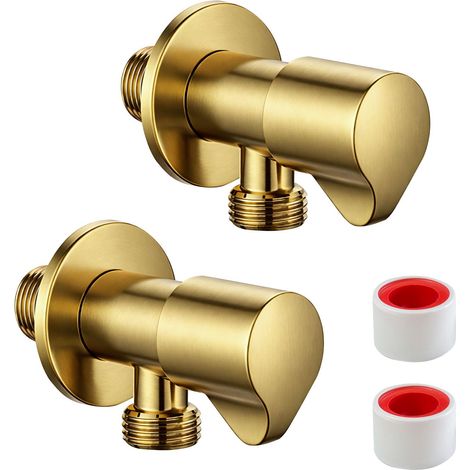 Lot de 2 robinets d'angle universels dorés 1/2" - En acier inoxydable - Raccord de tuyau - Convient pour les toilettes, les robinets de cuisine, les robinets de salle de bain (1/5)