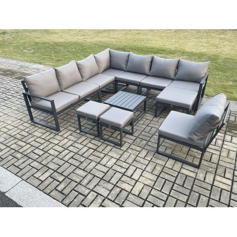 Fimous 11 Seater Patio Outdoor Garden Furniture Aluminium Lounge Corner Sofa Set with Square Coffee Table 3 Footstools Dark Grey (1/5)