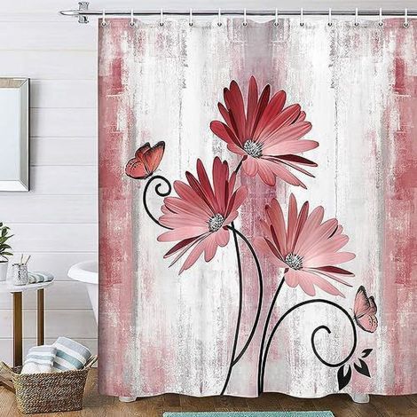 Rideau de douche de style champêtre, décoré de marguerites rouges et de papillons, rideau de douche gris bordeaux clair avec 12 crochets, 70 x 84 pouces. (1/5)